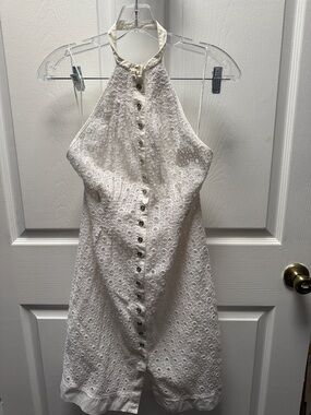 Catherine Malandrino White Halter Eyelet Button-Front Mini Dress